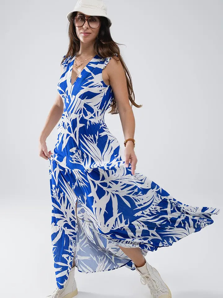 Maxi Tropical Print V-Neck Dress with Slit in Blue-Dress-Q2-S-Blue-Urbanheer