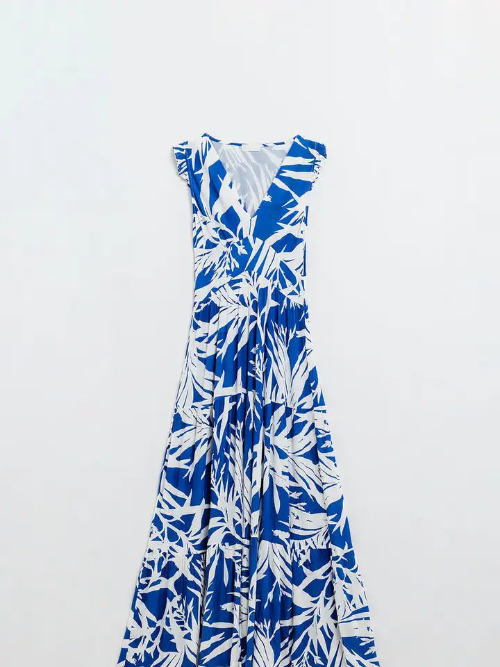 Maxi Tropical Print V-Neck Dress with Slit in Blue-Dress-Q2-S-Blue-Urbanheer