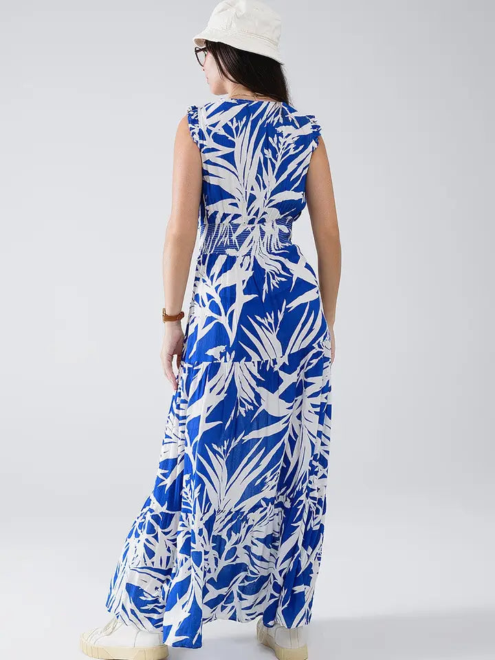 Maxi Tropical Print V-Neck Dress with Slit in Blue-Dress-Q2-S-Blue-Urbanheer