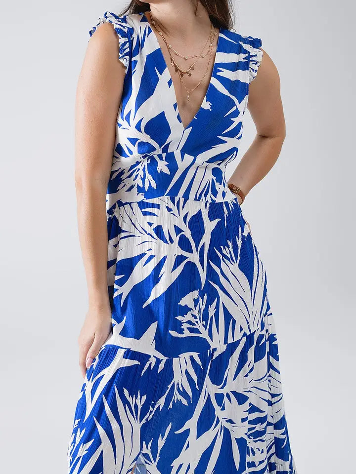 Maxi Tropical Print V-Neck Dress with Slit in Blue-Dress-Q2-S-Blue-Urbanheer