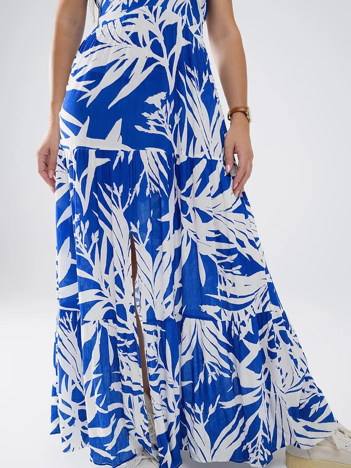 Maxi Tropical Print V-Neck Dress with Slit in Blue-Dress-Q2-S-Blue-Urbanheer