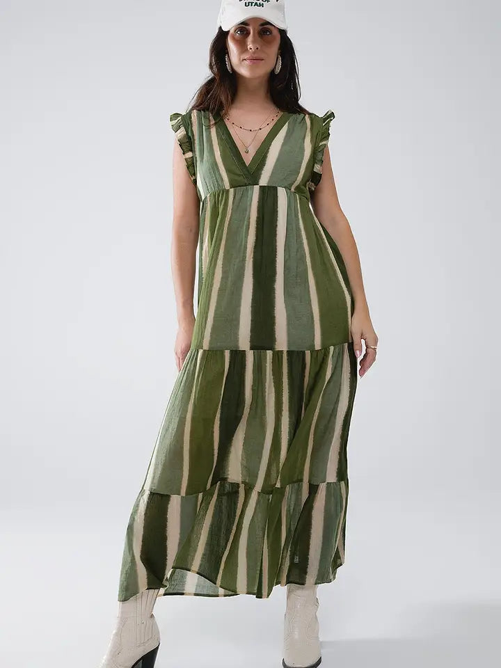 Maxi V-Neck Dress with Tiered Skirt in Striped Tie-Dye Green-Dress-Q2-S-Green-Urbanheer