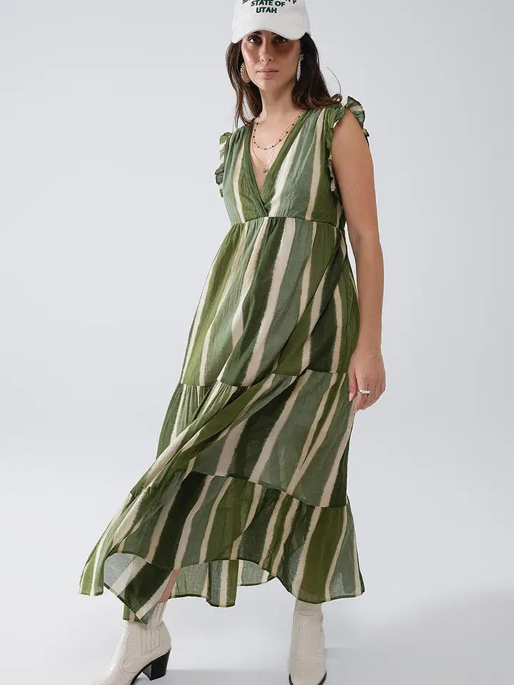 Maxi V-Neck Dress with Tiered Skirt in Striped Tie-Dye Green-Dress-Q2-S-Green-Urbanheer