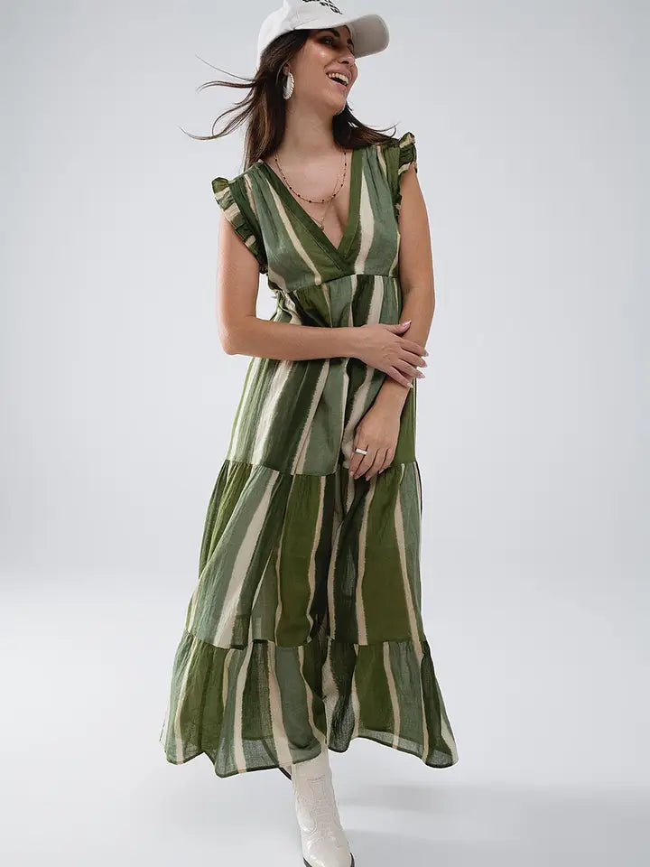 Maxi V-Neck Dress with Tiered Skirt in Striped Tie-Dye Green-Dress-Q2-S-Green-Urbanheer