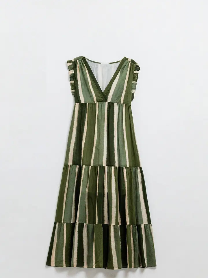 Maxi V-Neck Dress with Tiered Skirt in Striped Tie-Dye Green-Dress-Q2-S-Green-Urbanheer