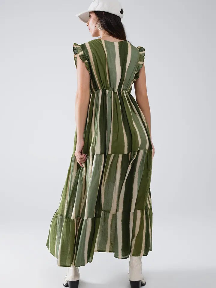Maxi V-Neck Dress with Tiered Skirt in Striped Tie-Dye Green-Dress-Q2-S-Green-Urbanheer