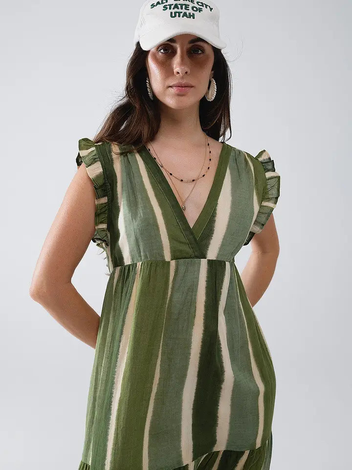 Maxi V-Neck Dress with Tiered Skirt in Striped Tie-Dye Green-Dress-Q2-S-Green-Urbanheer