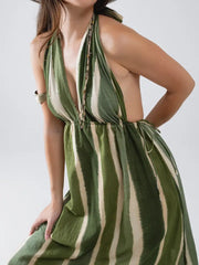Maxi V-Neck Halter Dress with Side Slits in Striped Tie-Dye Green-Dress-Q2-S-Green-Urbanheer