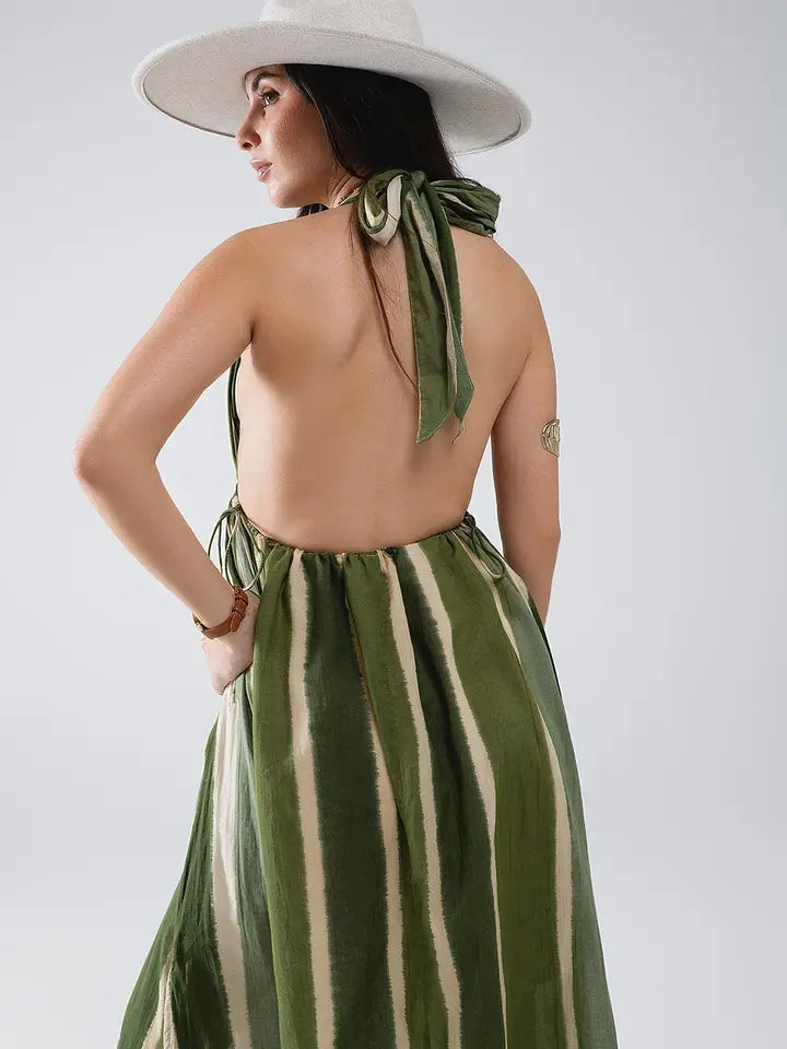 Maxi V-Neck Halter Dress with Side Slits in Striped Tie-Dye Green-Dress-Q2-S-Green-Urbanheer