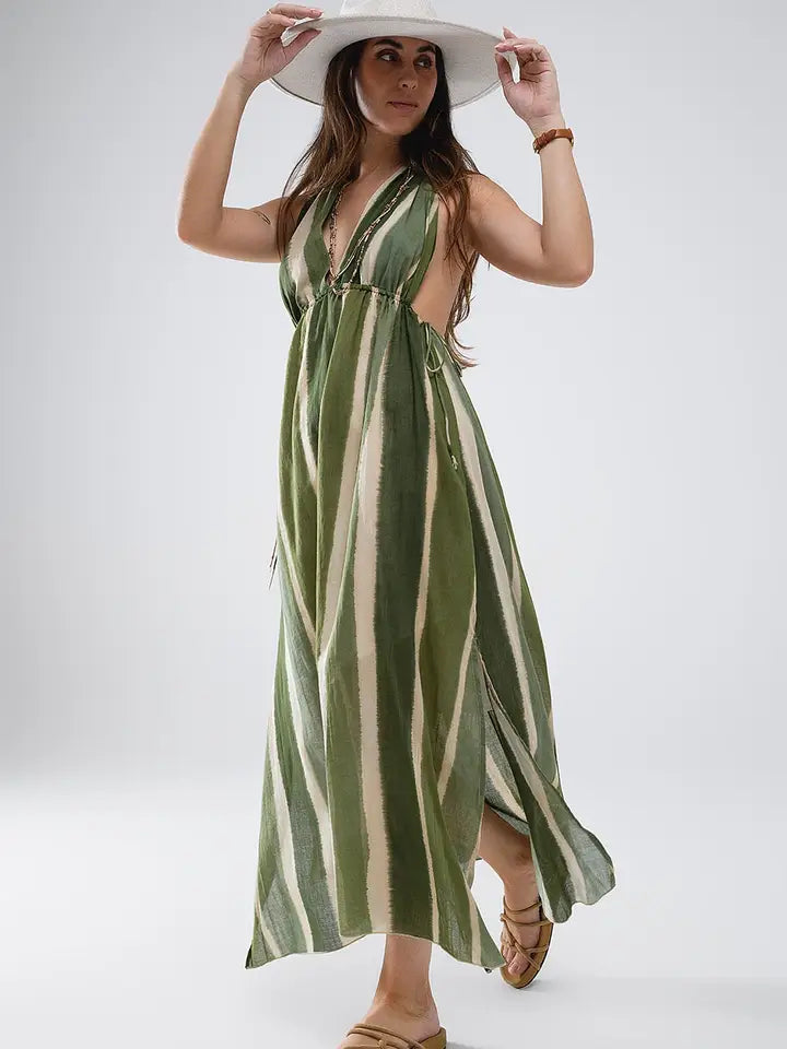 Maxi V-Neck Halter Dress with Side Slits in Striped Tie-Dye Green-Dress-Q2-S-Green-Urbanheer