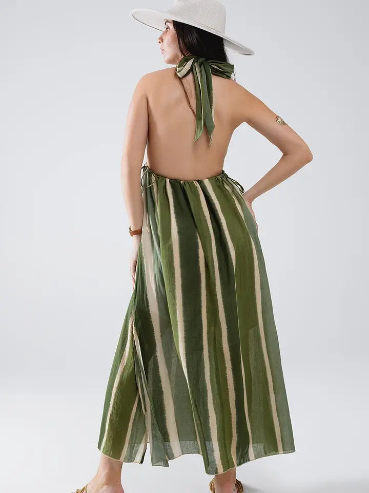 Maxi V-Neck Halter Dress with Side Slits in Striped Tie-Dye Green-Dress-Q2-S-Green-Urbanheer