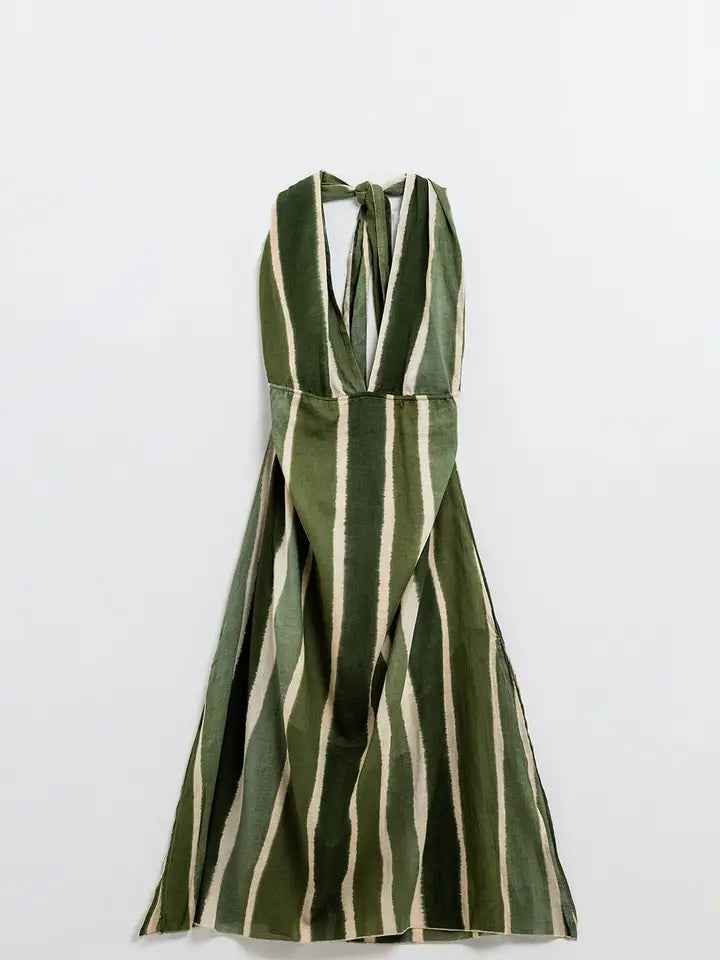 Maxi V-Neck Halter Dress with Side Slits in Striped Tie-Dye Green-Dress-Q2-S-Green-Urbanheer