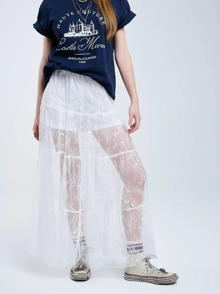 Maxi White Lace Skirt with A Floral Print-Skirt-Q2-S-WHITE-Urbanheer