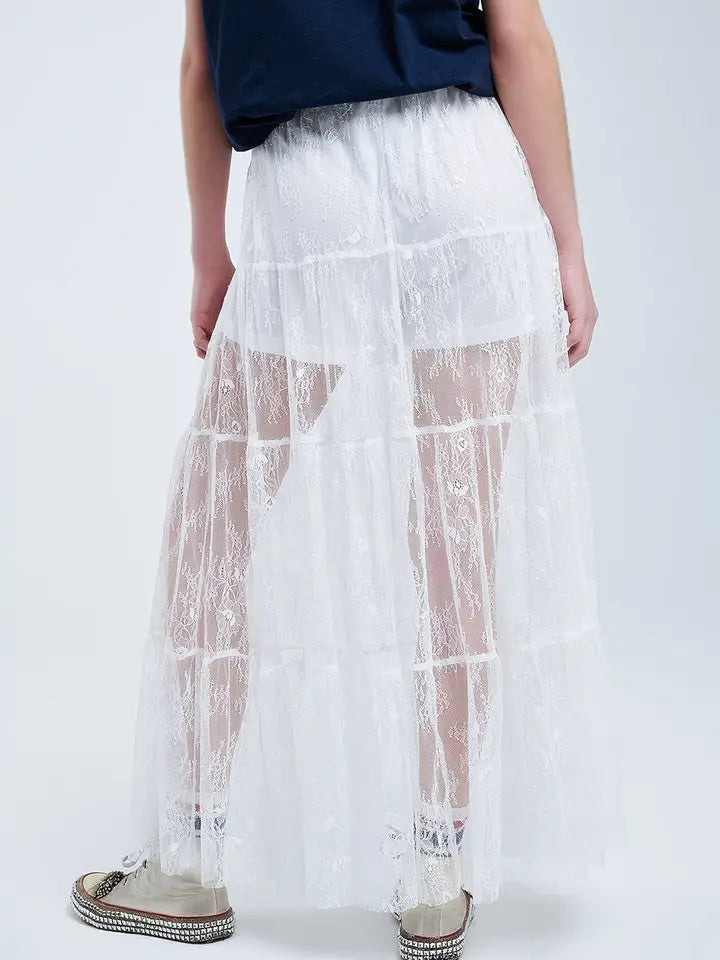 Maxi White Lace Skirt with A Floral Print-Skirt-Q2-S-WHITE-Urbanheer