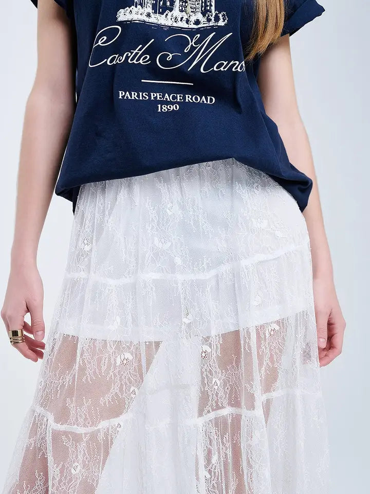 Maxi White Lace Skirt with A Floral Print-Skirt-Q2-S-WHITE-Urbanheer