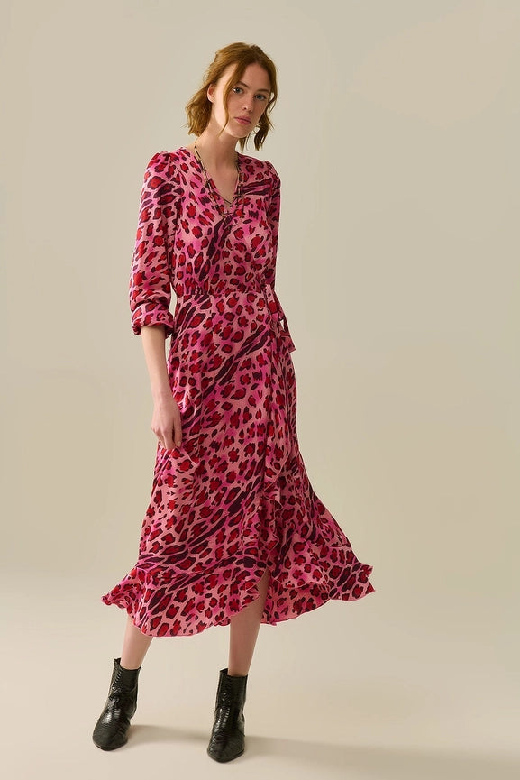 Maxi Wrap Dress in Satin Fuchsia Leopard Print-Dress-Q2-S-FUCHSIA-Urbanheer