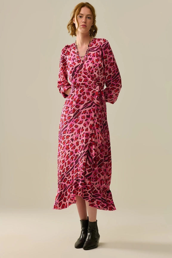 Maxi Wrap Dress in Satin Fuchsia Leopard Print-Dress-Q2-S-FUCHSIA-Urbanheer