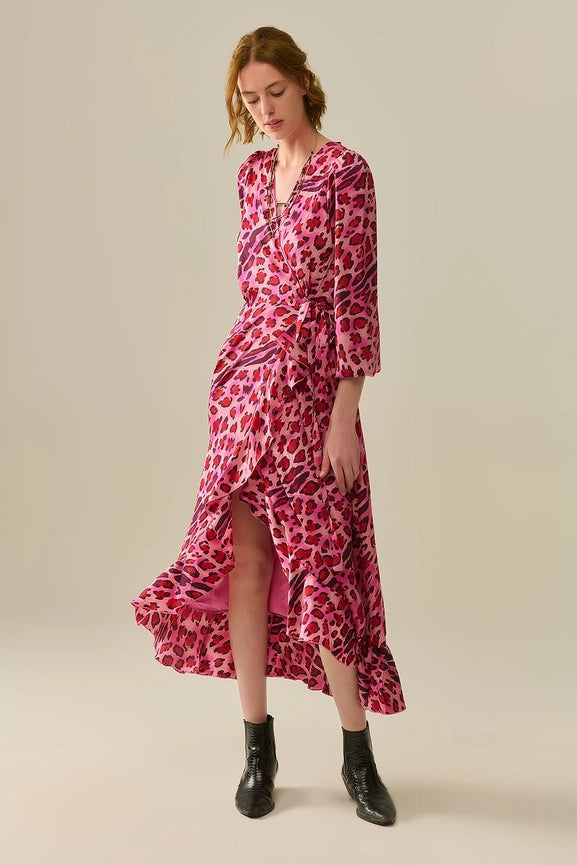 Maxi Wrap Dress in Satin Fuchsia Leopard Print-Dress-Q2-S-FUCHSIA-Urbanheer