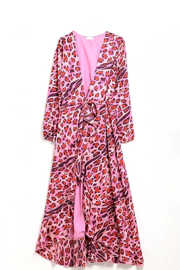 Maxi Wrap Dress in Satin Fuchsia Leopard Print-Dress-Q2-S-FUCHSIA-Urbanheer