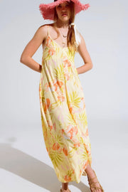 Maxi Yellow Jumpsuit In Tropical Print-Clothing Jumpsuits-Q2-S-Yellow-Urbanheer