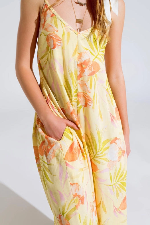 Maxi Yellow Jumpsuit In Tropical Print-Clothing Jumpsuits-Q2-S-Yellow-Urbanheer