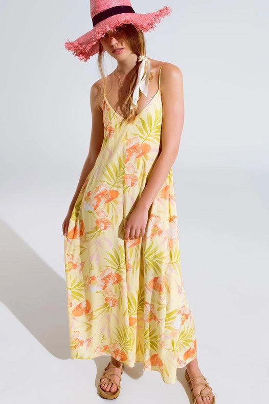 Maxi Yellow Jumpsuit In Tropical Print-Clothing Jumpsuits-Q2-S-Yellow-Urbanheer