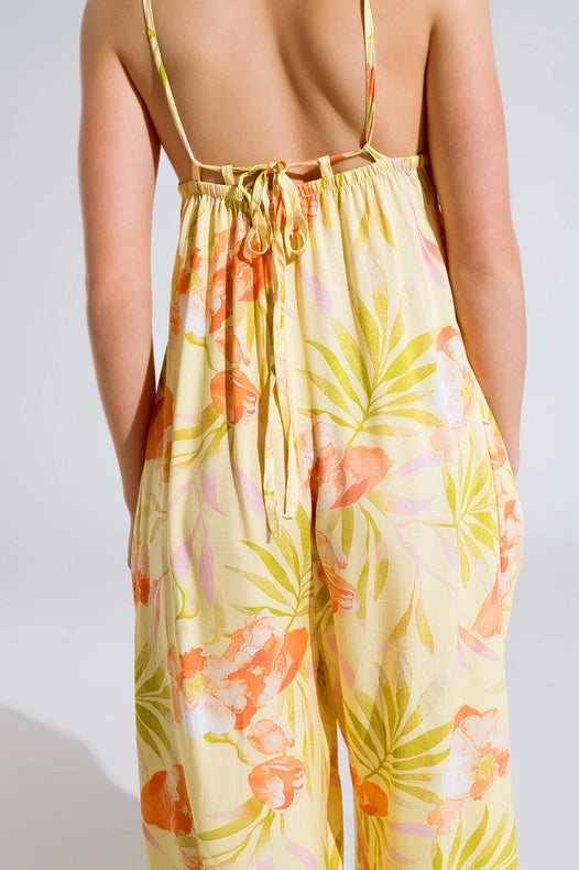 Maxi Yellow Jumpsuit In Tropical Print-Clothing Jumpsuits-Q2-S-Yellow-Urbanheer