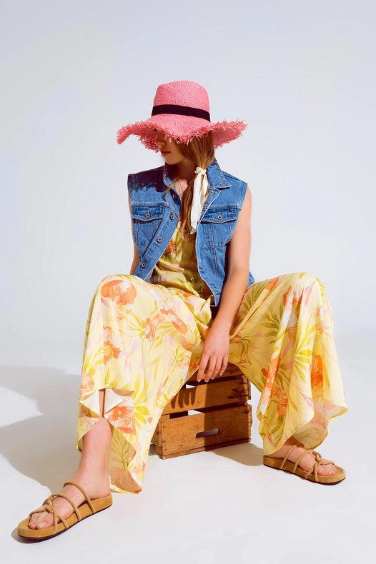 Maxi Yellow Jumpsuit In Tropical Print-Clothing Jumpsuits-Q2-S-Yellow-Urbanheer