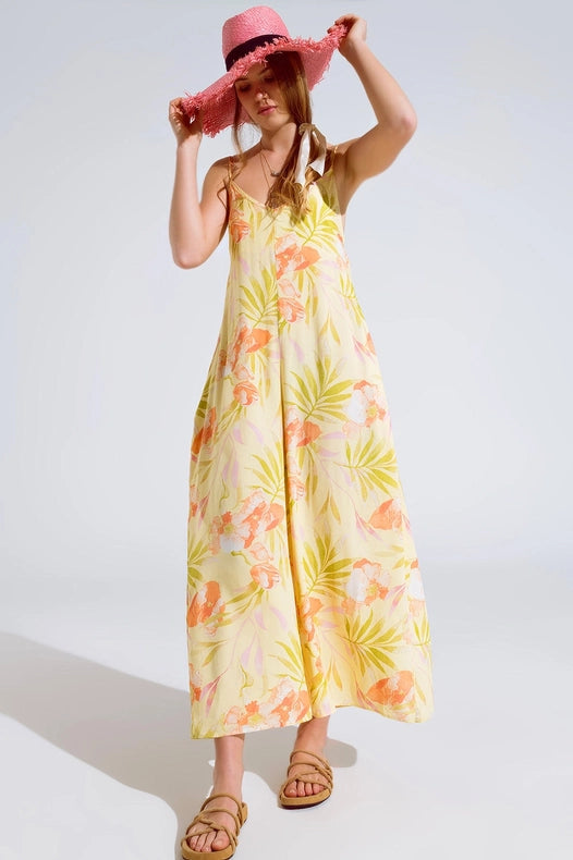 Maxi Yellow Jumpsuit In Tropical Print-Clothing Jumpsuits-Q2-S-Yellow-Urbanheer