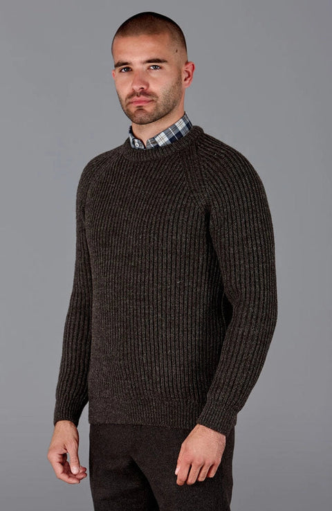 Mens 100% British Wool Heavyweight Ribbed Jumper-Jumper-Paul James Knitwear-S-Brown-Urbanheer