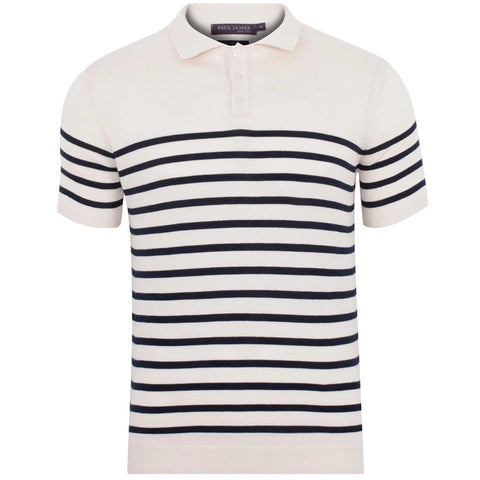 Mens 100% Ultra Fine Cotton Breton Short Sleeve Polo Shirt-Shirts-Paul James Knitwear-S-Ecru-Urbanheer