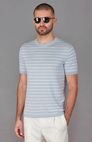 Mens 100% Ultra-Fine Cotton Knitted Pin Stripe T-Shirt-T-Shirt-Paul James Knitwear-S-Chalk Blue-Urbanheer
