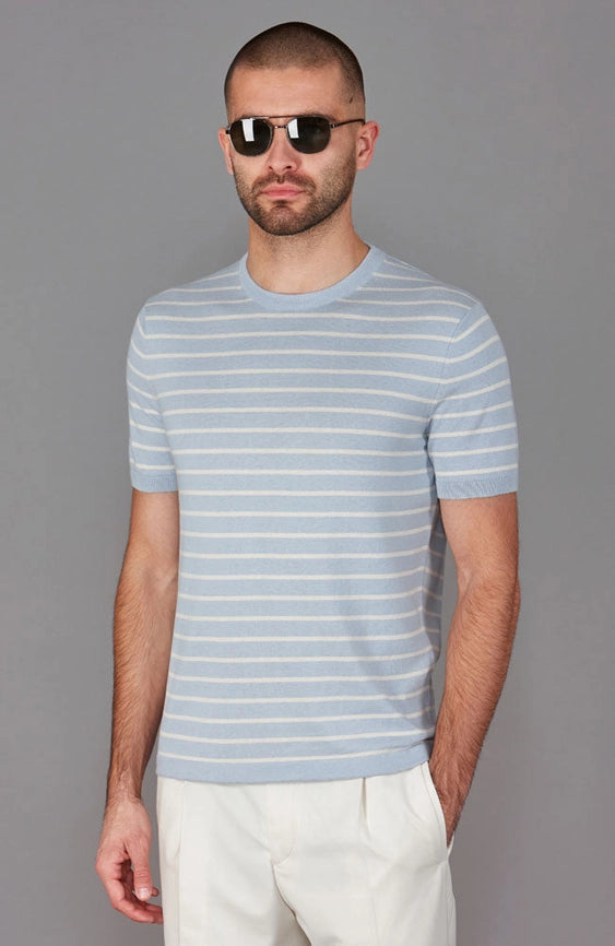 Mens 100% Ultra-Fine Cotton Knitted Pin Stripe T-Shirt-T-Shirt-Paul James Knitwear-S-Chalk Blue-Urbanheer