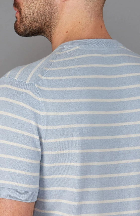 Mens 100% Ultra-Fine Cotton Knitted Pin Stripe T-Shirt-T-Shirt-Paul James Knitwear-S-Chalk Blue-Urbanheer