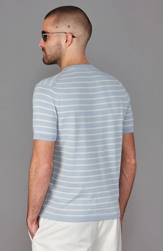 Mens 100% Ultra-Fine Cotton Knitted Pin Stripe T-Shirt-T-Shirt-Paul James Knitwear-S-Chalk Blue-Urbanheer