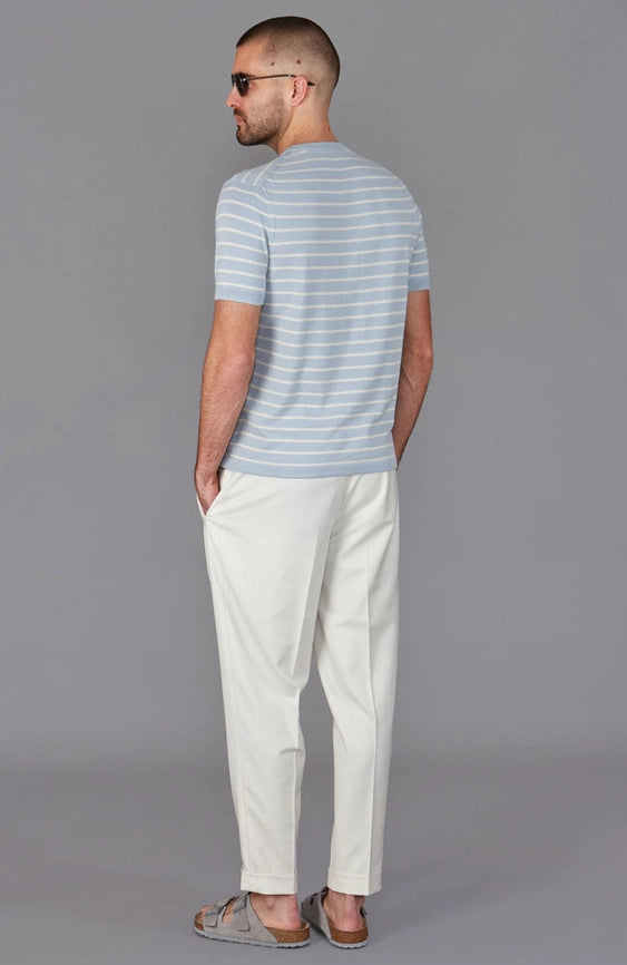 Mens 100% Ultra-Fine Cotton Knitted Pin Stripe T-Shirt-T-Shirt-Paul James Knitwear-S-Chalk Blue-Urbanheer