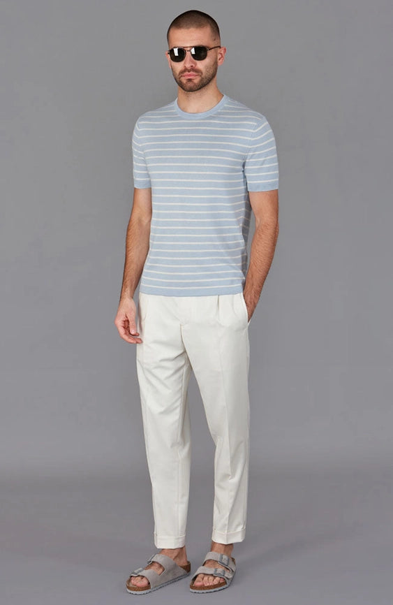 Mens 100% Ultra-Fine Cotton Knitted Pin Stripe T-Shirt-T-Shirt-Paul James Knitwear-S-Chalk Blue-Urbanheer
