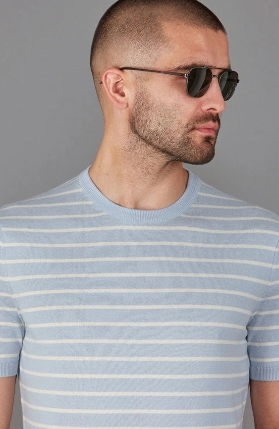 Mens 100% Ultra-Fine Cotton Knitted Pin Stripe T-Shirt-T-Shirt-Paul James Knitwear-S-Chalk Blue-Urbanheer