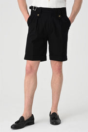 Men's Black Buckle Detailed Pleated Shorts-Shorts-Wessi-29-Black-Urbanheer