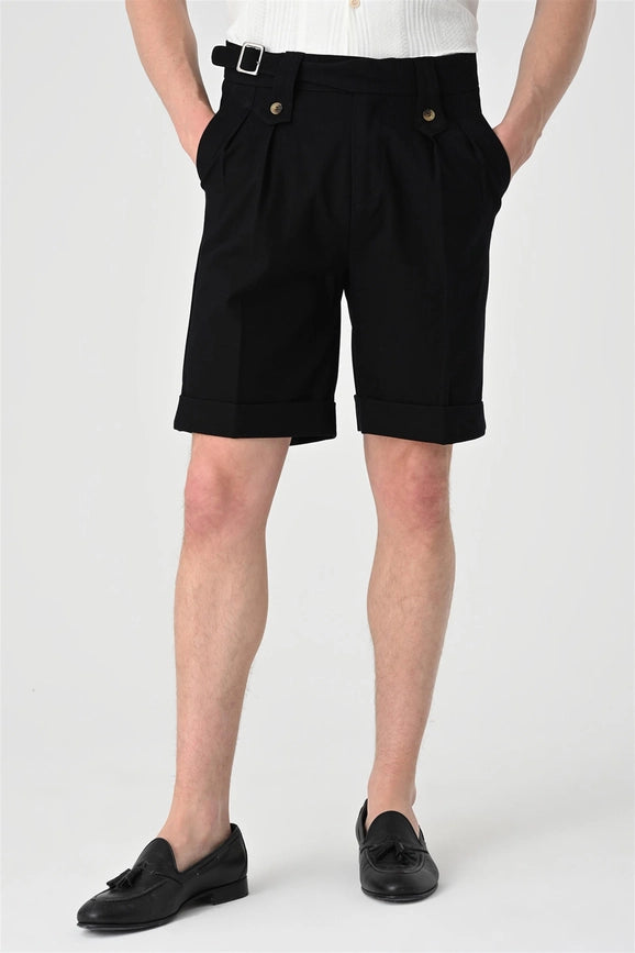 Men's Black Buckle Detailed Pleated Shorts-Shorts-Wessi-29-Black-Urbanheer