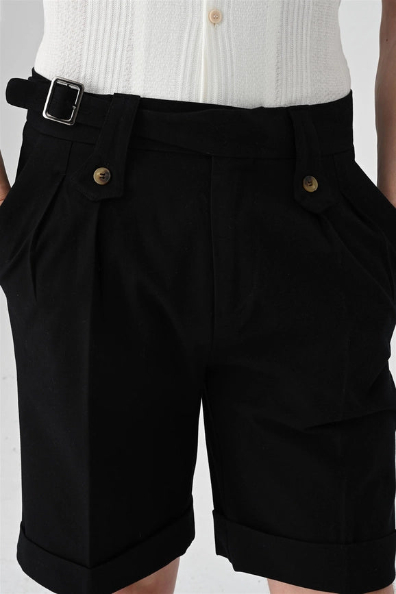 Men's Black Buckle Detailed Pleated Shorts-Shorts-Wessi-29-Black-Urbanheer