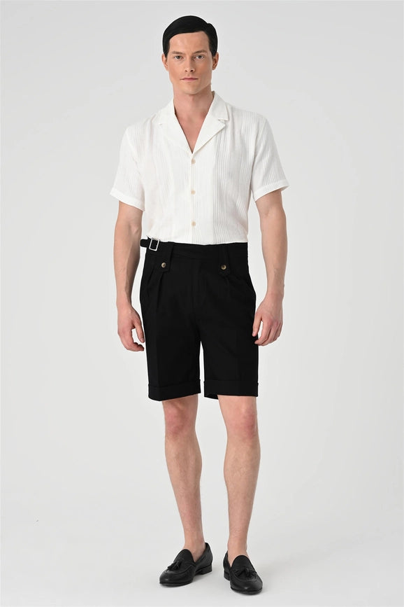 Men's Black Buckle Detailed Pleated Shorts-Shorts-Wessi-29-Black-Urbanheer