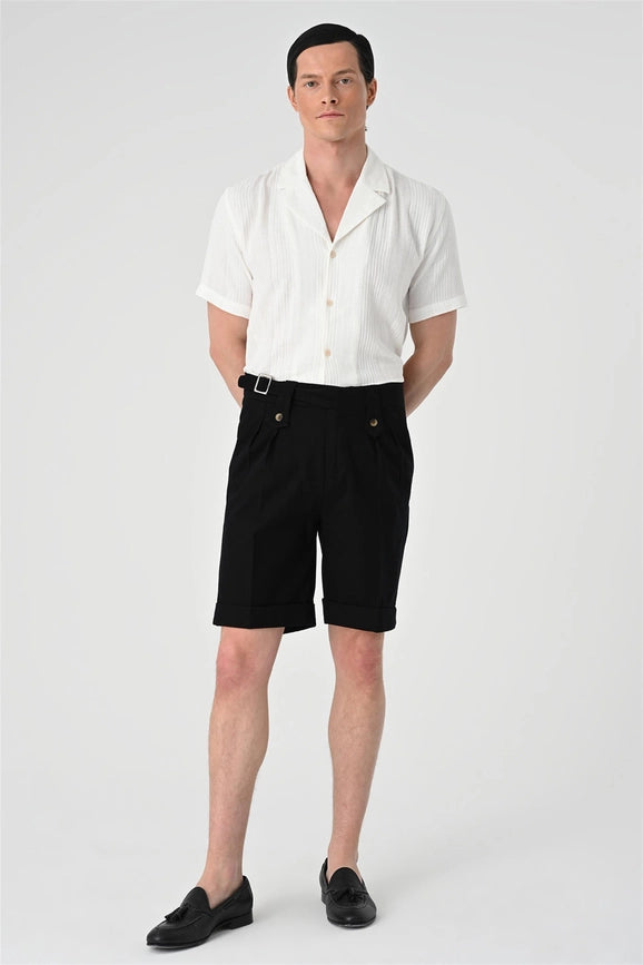 Men's Black Buckle Detailed Pleated Shorts-Shorts-Wessi-29-Black-Urbanheer