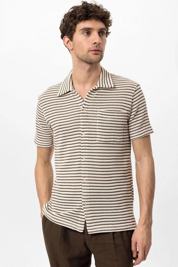 Men's Brown Knit Striped Short Sleeve Shirt-Shirts-Wessi-M-Brown-Urbanheer