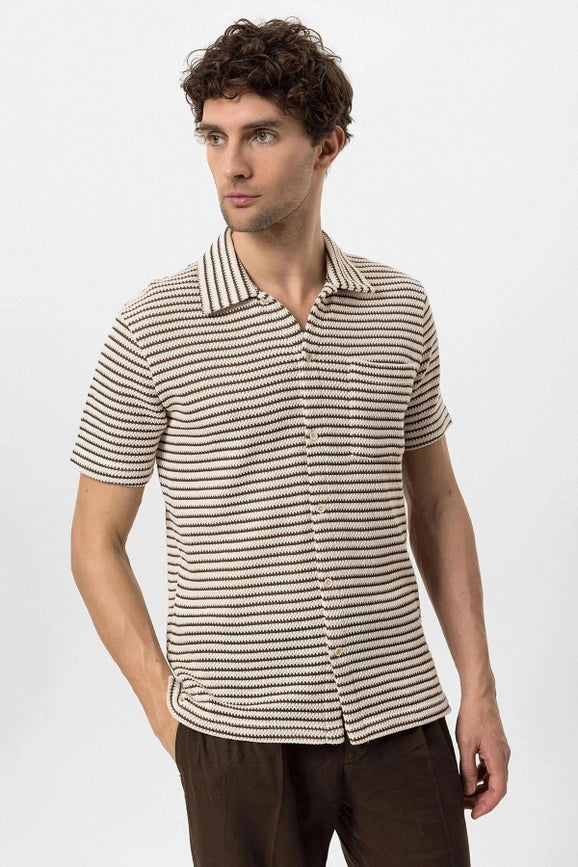 Men's Brown Knit Striped Short Sleeve Shirt-Shirts-Wessi-M-Brown-Urbanheer