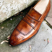 Men's Brown Patina Leather Brogue Penny Loafers-men > shoes > loafers-The Royale Leather-US 6/ UK 5.5/ EUR 39-Urbanheer