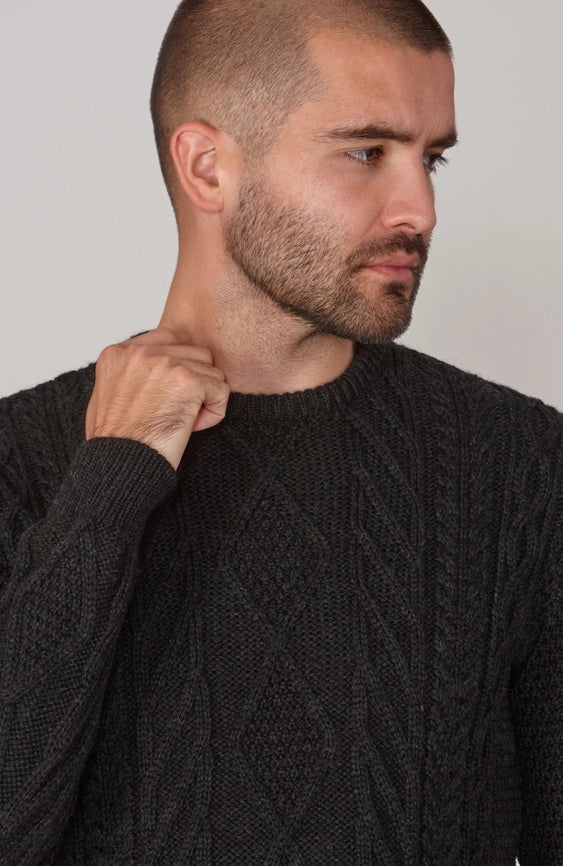 Mens Chunky Merino Wool Cable Jumper Black-Jumper-Paul James Knitwear-S-Black-Urbanheer