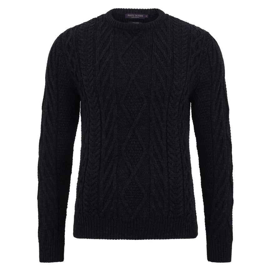 Mens Chunky Merino Wool Cable Jumper Black-Jumper-Paul James Knitwear-S-Black-Urbanheer
