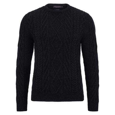 Mens Chunky Merino Wool Cable Jumper Black-Jumper-Paul James Knitwear-S-Black-Urbanheer