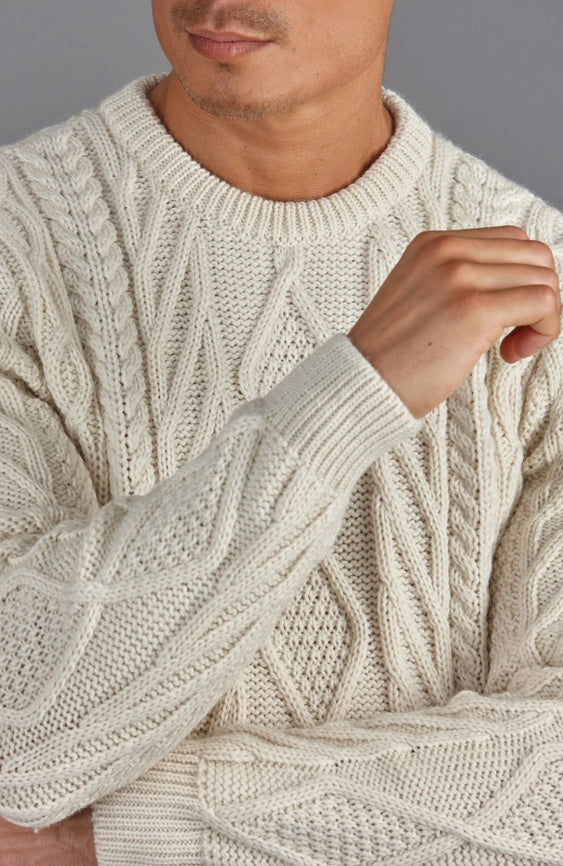 Mens Chunky Merino Wool Cable Jumper Ecru-Jumper-Paul James Knitwear-S-Ecru-Urbanheer